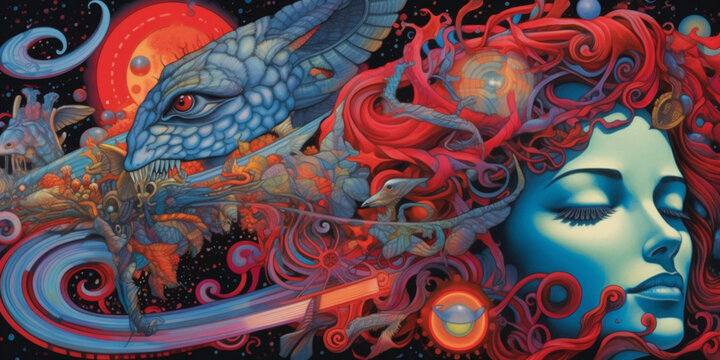 arthouse psychedelic poster 1999, in the style of detailed surrealism, light indigo and red, gothic realism, precisionist art, dissected books, dark orange and sky-blue, chicano art, fantastic grotesq