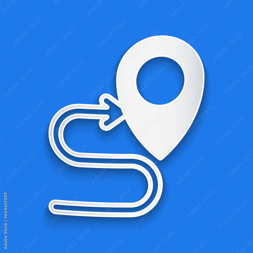 Poster paper cut route location icon isolated on blue background. map pointer sign. concept of path or road
