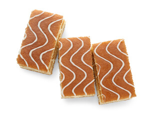 Delicious homemade sponge cakes isolated on white, top view