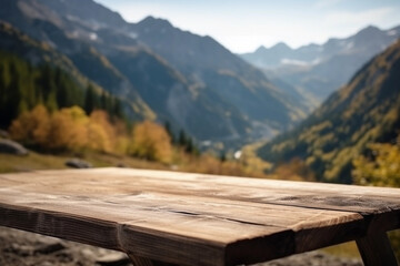 Empty table in a mountain blurred background. generative AI