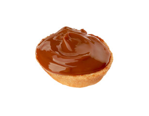 Half of delicious nut shaped cookie with boiled condensed milk isolated on white