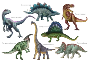 Fotobehang Dinosaurussen Dinosaur set. Stegosaurus, Dimetrodon, Velociraptor, Triceratops, Brachiosaurus, Tyrex, Parasaurolophus  © inna72