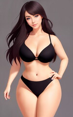 Fototapeta premium Portrait of a young beautiful curvy woman.Anime style.Digital creative designer art painted drawing.AI illustration
