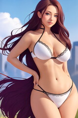 Fototapeta premium Portrait of a young beautiful curvy woman.Anime style.Digital creative designer art painted drawing.AI illustration