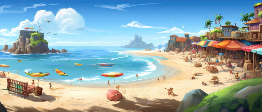 Sun-Kissed Fun: Cartoon Beach Adventure. Generative Ai