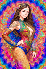 Beatiful woman in a colorful dress of gold and curlicues.Digital creative designer fashion art drawing.AI illustration
