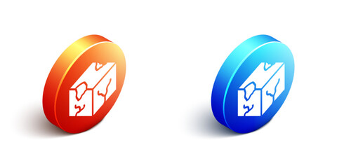 Isometric Isometric cube icon isolated on white background. Geometric cubes solid icon. 3D square sign. Box symbol. Orange and blue circle button. Vector