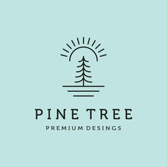 pine tree and sun logo line art vector symbol illustration design, landscape symbol