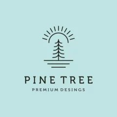 Keuken spatwand met foto pine tree and sun logo line art vector symbol illustration design, landscape symbol © REIKY84