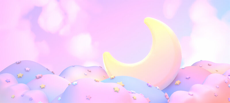 3d rendered cartoon moon on soft pastel purple clouds.