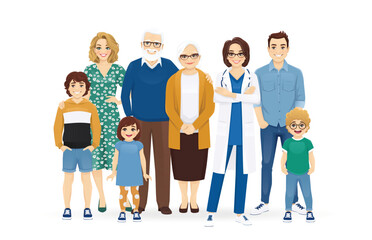 Female doctor with big family vector illustration. Mother, father, daughter, son, grandfather, grandmother standing together isolated