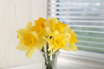 Beautiful yellow daffodils in vase near window, closeup view