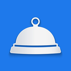 Paper cut Covered with a tray of food icon isolated on blue background. Tray and lid sign. Restaurant cloche with lid. Paper art style. Vector