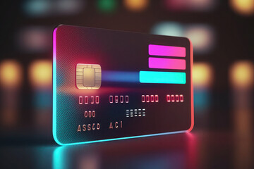 glowing credit debit card on a black background. bank payment system. money and loans. AI generative