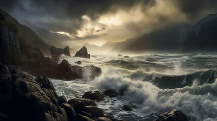 Fototapeta na wymiar a rugged coastline during a storm. generative AI