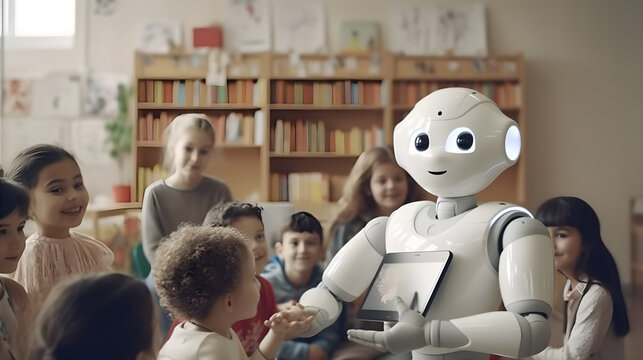 A humanoid robot interacting with children in an educational setting, generative image