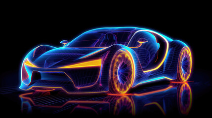 A car in a glowing neon style made of neon lines. AI generation