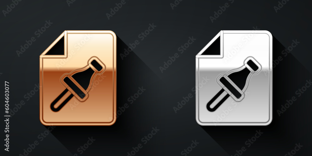 Poster gold and silver note paper with pinned pushbutton icon isolated on black background. memo paper sign