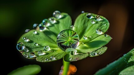 World Enviroment Day. Close Up Reflection of a blooming flower in a perfectly spherical dewdrop on a lush green leaf. Generative ai.
