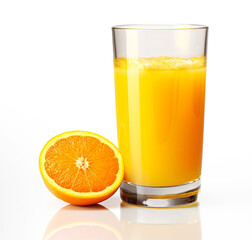 Full glass with orange juice isolated on white background. Healthy refreshing summer orange juice drink with orange fruit slices. Generative AI