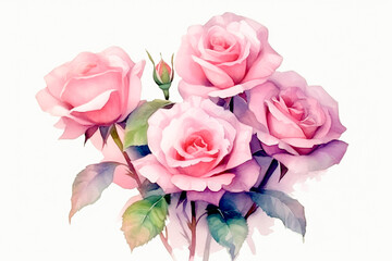 Pale pink roses in watercolor. Cold tones. Postcard. For the wedding. Softness. Generative AI