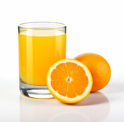 Full glass with orange juice isolated on white background. Healthy refreshing summer orange juice drink with orange fruit slices. Generative AI
