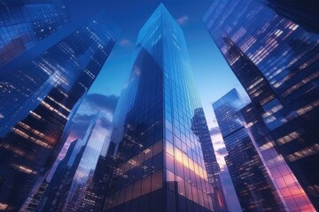 Office buildings in financial district with night lights and sky reflected on modern glass walls of skyscrapers. Generative AI