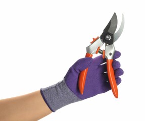 Worker holding secateurs with orange handles on white background, closeup. Gardening tool