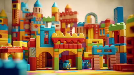 A vivid image of a brightly colored toy block castle. generative AI