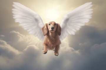 a happy dachshund dog in heaven. Wings and halo. pet heaven, animal heaven. Canis lupus familiaris dog breed. Wings and halo.