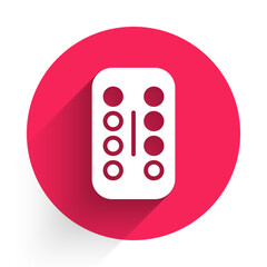 White Sedative pills icon isolated with long shadow background. Red circle button. Vector