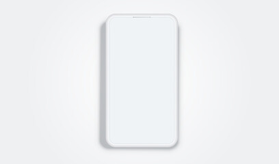 Clay phone mockup front view. White mobile isolated with blank screen for display your ux design, site, presentation and promo. Realistic 3d smartphone laying or standing on desk with shadow.