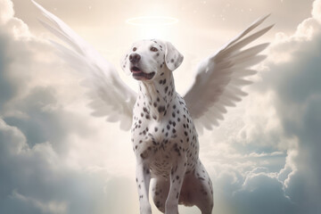 a happy dalmatian dog in heaven. Wings and halo. pet heaven, animal heaven. Canis lupus familiaris dog breed. Wings and halo.