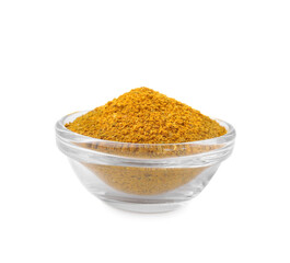 Glass bowl with curry powder isolated on white