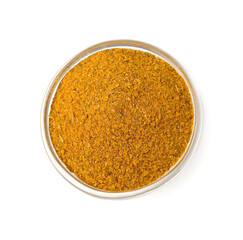 Glass bowl with curry powder isolated on white, top view