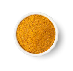 Bowl with curry powder isolated on white, top view