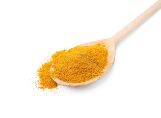 Wooden spoon with curry powder on white background