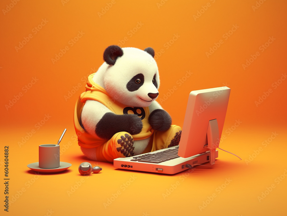Wall mural a cute 3d panda using a laptop on a solid-color background | generative ai