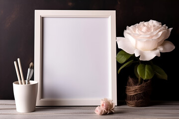 Rectangular white wooden picture frame with empty space for text on the table, AI generative content.