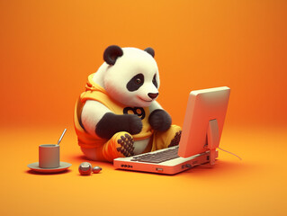 A Cute 3D Panda Using a Laptop on a Solid-Color Background | Generative AI