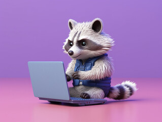 A Cute 3D Raccoon Using a Laptop on a Solid-Color Background | Generative AI