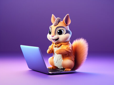 A Cute 3D Squirrel Using a Laptop on a Solid-Color Background | Generative AI