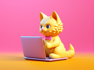 A Cute 3D Cat Using a Laptop on a Solid-Color Background | Generative AI