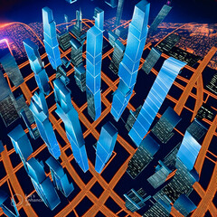 "A futuristic metropolis where gravity-defying transportation systems crisscross the sky, and towering skyscrapers are adorned with massive holographic displays."