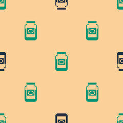 Green and black Jam jar icon isolated seamless pattern on beige background. Vector