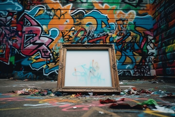 white frame, lying on a vibrant graffiti. generative AI