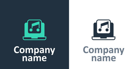 Logotype Laptop with music note symbol on screen icon isolated on white background. Logo design template element. Vector