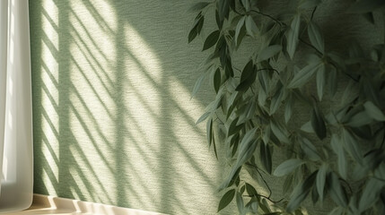Beautiful sunlight shadow of window leaf foliage on green.