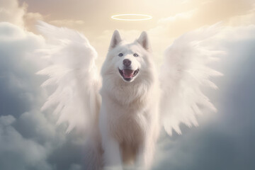 a happy Siberian husky dog in heaven. Wings and halo. pet heaven, animal heaven. Canis lupus familiaris dog breed. Wings and halo.