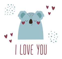 Cute cartoon vector character koala. Vector print of a cute koala and the inscription I love you. Can be used to design t-shirts, notepads and kids room decor. © Anna Yakushenko